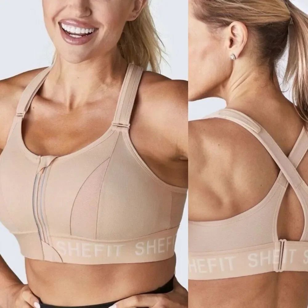 SHEFIT Ultimate Sports Bra Beige tan High Support Racerback Zip NEW